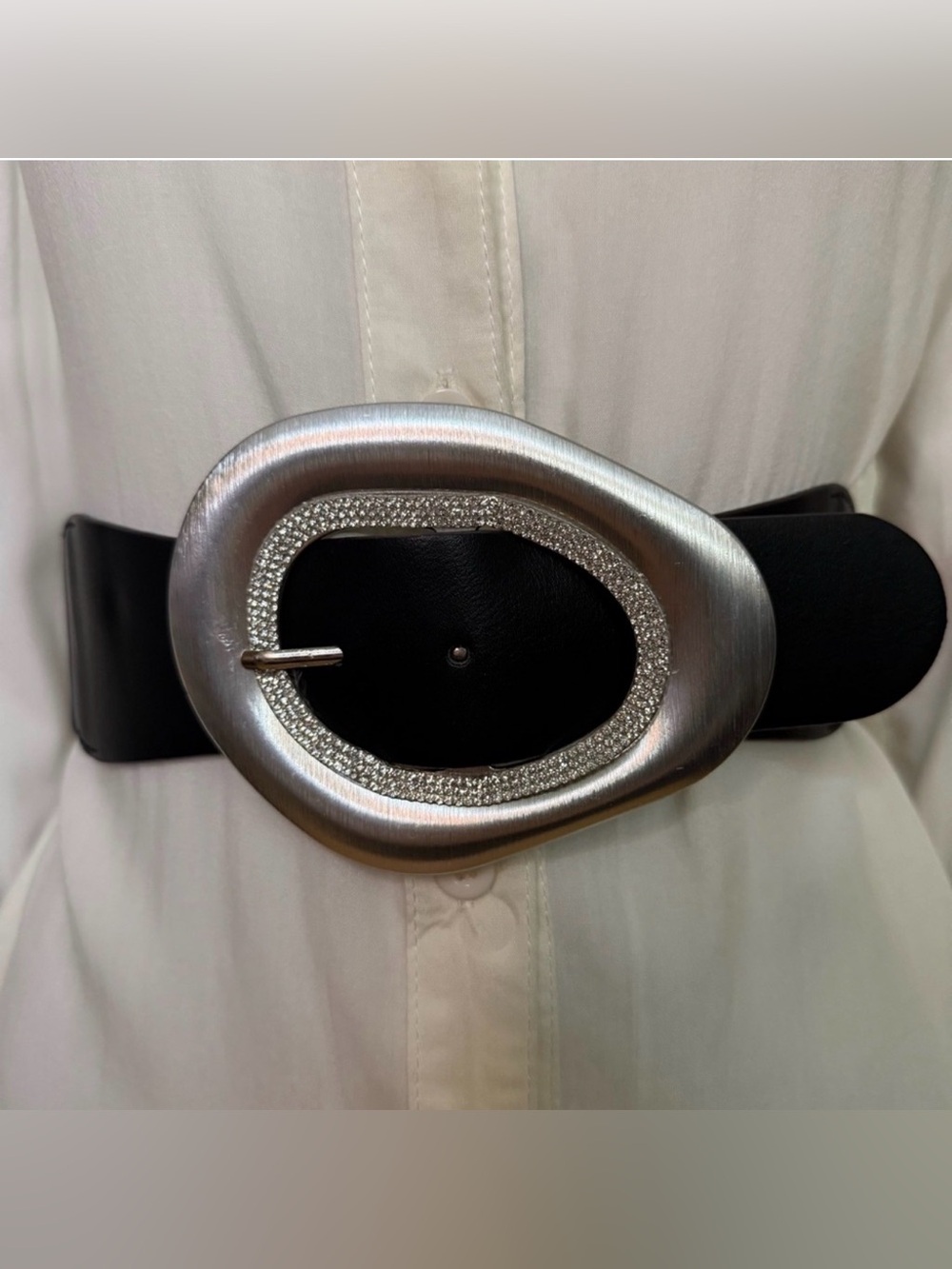 Black PU leather silver tone buckle rhinestone details elastic waistband belt